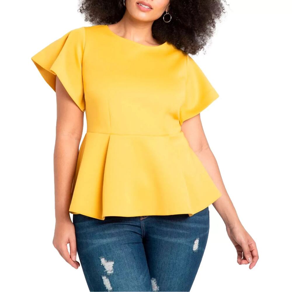 NWT ELOQUII Flare Sleeve Peplum Blouse Plus Size 20 Yellow Scuba Stretch Pleated